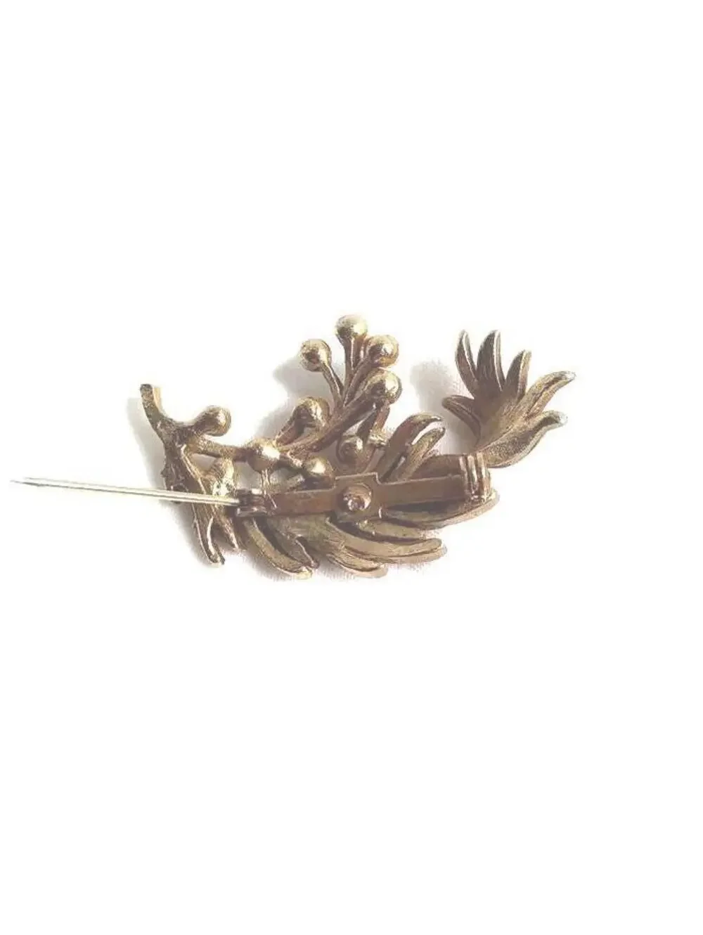 VTG Gold Tone Leaf Branch Brooch, Blue Rhinestones, Blue Pearls, White Pearls.